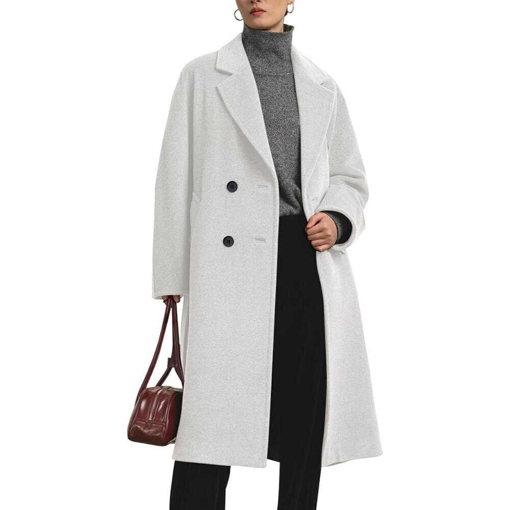 Women's Off-white Long Pea Coat Notch Lapel Trench Coat Fall Winter Overcoat
